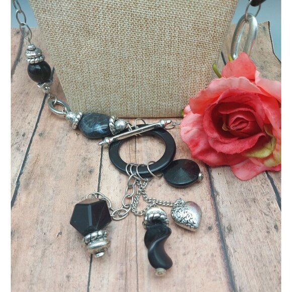 Black Silver Tone Station Statement Necklace Chain Front Toggle Tassel Pendants - Picture 3 of 11